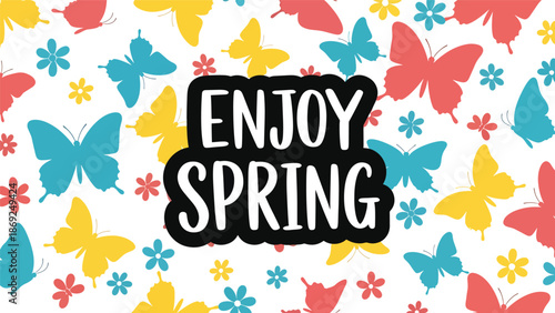 Patterned spring wallpaper featuring centered “ENJOY SPRING” text, repeating butterflies and floral elements in clean flat vector solid colors