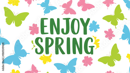 Patterned spring wallpaper featuring centered “ENJOY SPRING” text, repeating butterflies and floral elements in clean flat vector solid colors