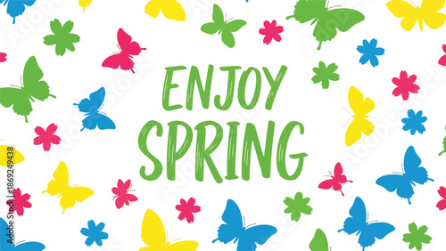 Patterned spring wallpaper featuring centered “ENJOY SPRING” text, repeating butterflies and floral elements in clean flat vector solid colors