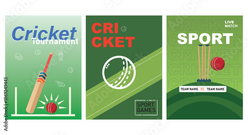 Vibrant vector set of three cricket tournament posters featuring bat, ball, and wickets, designed for promoting live sports matches and championship.