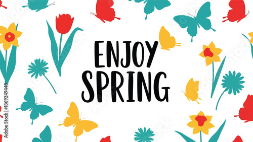 Patterned spring wallpaper featuring centered “ENJOY SPRING” text, repeating butterflies and floral elements in clean flat vector solid colors