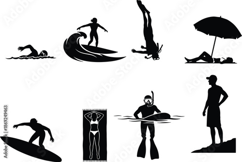 cad drawing flat vector illustration, beach activity silhouettes, , sunbathing umbrella lounging seaside recreation vector design, coastal lifestyle sketch, ocean holiday graphic art