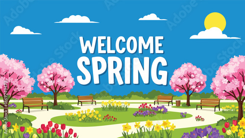 Urban park spring wallpaper with centered “WELCOME SPRING” text, blooming trees, benches, and flat vector illustration using bright solid colors