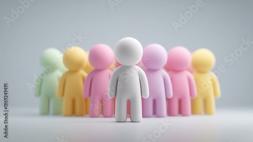 A group of colorful figures stands with one white figure in the foreground, symbolizing individuality amidst a diverse crowd