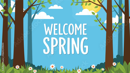 Forest-themed spring wallpaper with centered “WELCOME SPRING” text, tall trees, flowers, and peaceful flat vector illustration in solid colors