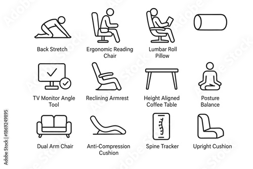 Posture friendly upright reclining pillow home back table stretch flexible spine vector