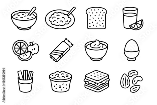 Vector sticks toast veggie balanced nuts breakfast bar icons icon porridge egg