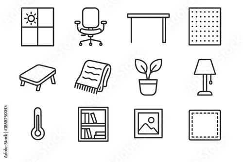 Icons cozy plant study wall panel footrest vector carpet remote icon chair