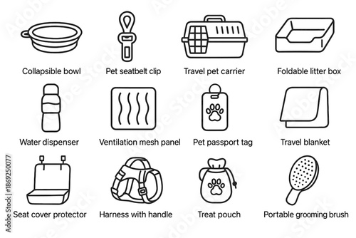 Essentials handle tag blanket travel brush seatbelt vector passport pet foldable icon