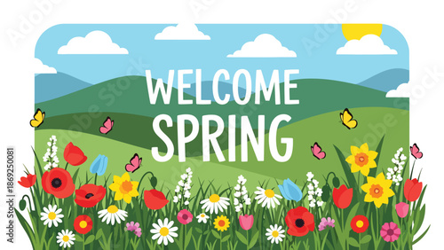 Wildflower field spring wallpaper with centered “WELCOME SPRING” text, butterflies and grass in cheerful flat vector solid colors