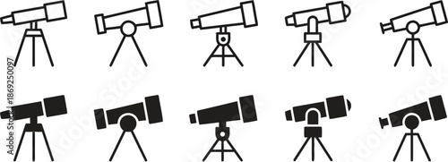 Set of telescopes of different styles for astronomy and space observation