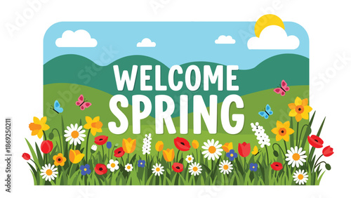 Wildflower field spring wallpaper with centered “WELCOME SPRING” text, butterflies and grass in cheerful flat vector solid colors