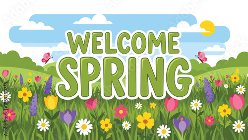 Wildflower field spring wallpaper with centered “WELCOME SPRING” text, butterflies and grass in cheerful flat vector solid colors