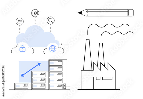 Automation, cloud technology, industry, digital transformation, manufacturing, data management. A factory alongside cloud computing and servers. Automation and cloud technology concept