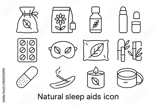 Vector organic aid sleep tea oil roller eye natural icon chamomile lavender