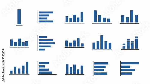A Collection of Blue Bar Chart Icons Representing Data Visualization and Analytics