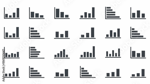 Collection of twenty-four dark grey bar chart icons representing data visualization and analytics