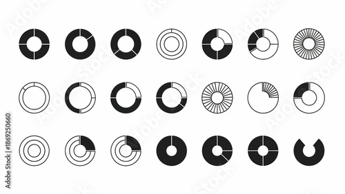 Set of 30 Hand-Drawn Style Pie Chart Icons with Different Segments and Fill Patterns