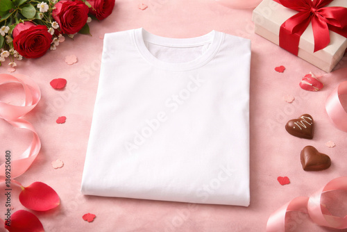 Folded white t shirt mockup with valentines day gift and rose decoration