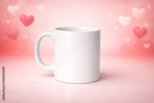 Minimal white coffee mug mockup on soft pink valentines background