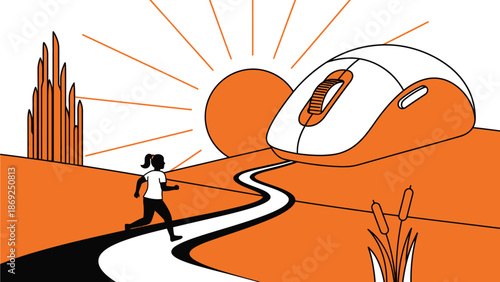 A woman runs down a winding road towards a bright orange sunset with a giant computer mouse in the distance.
