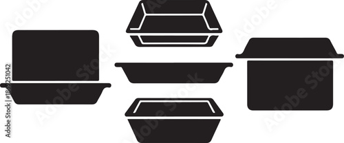 Black food containers and takeout boxes illustration set