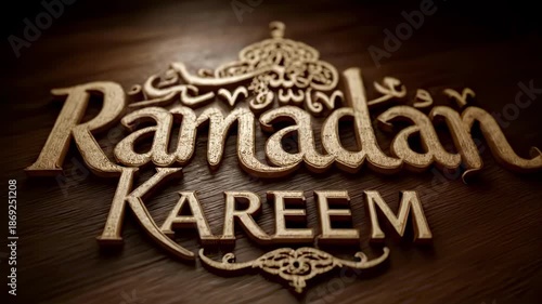 Intricate 3D wood carving displays 'Ramadan Kareem' with elegant calligraphy on rich brown surface
