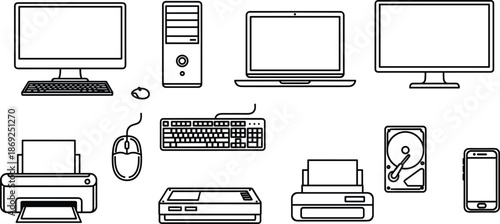 cad drawing flat vector illustration, computer hardware line art, desktop monitor keyboard sketch, laptop outline vector, printer scanner mouse diagram, smartphone hard drive illustration