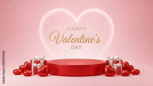 Happy Valentines Day Celebration with Red Podium and Heart Shaped Gifts.