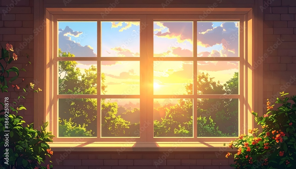 Fototapeta premium A serene sunset view framed by a window, highlighting vibrant nature and soft cloud patterns