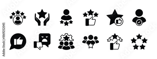 Set of testimonials and customer reviews icons feedback rating satisfaction and star black isolated vector illustration