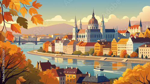 Very beautiful autumn view along the riverbank of Budapest, Hungary, where colorful foliage frames historic buildings and the Danube flows peacefully through the heart of the city.