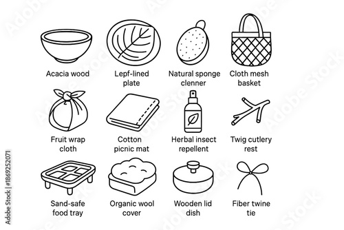 Nature herbal wool wood icon vector twine essentials dish insect picnic food
