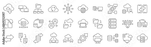 Set of Thin Line Data Transfer Icons Data Synchronization Outline Vector Symbol Illustration Collection Isolated on White Background Editable Stroke Storage Computing
