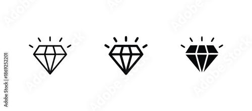 Set of three sparkling diamond line and glyph icons representing luxury, wealth, and preciousness perfect for jewelry and high-value concepts