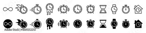 Set of Time Icons in Outline and Filled Style for Duration Speed Deadline Clock Alarm Hourglass and Watch Measurement Concept