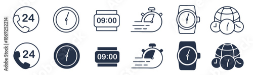 Set of Time Icons in Outline and Glyph Style Featuring 24 Hours Service, Analog Clock, Digital Time, Timer, Wristwatch, and Worldwide Time Zones with Editable Stroke on White Background