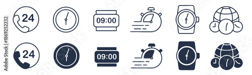 Set of Time Icons in Outline and Glyph Style with Call 24 Hours Clock Time Digital Watch and Globe Timezone for Web Design Mobile App UI 200 Characters