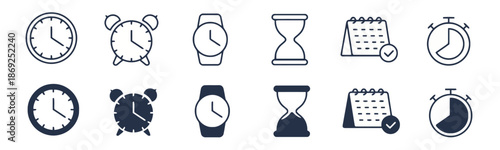 Set of Time Icons in Outline and Glyph Style with Clock Alarm Watch Hourglass and Calendar for Web Design Mobile App UI or Infographics Isolated on White 200 Characters