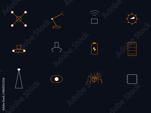 12 Futuristic Space Industry and Mars Colonization Icons - Aerospace and Rover Tech Vector Set