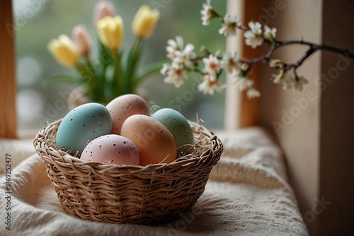 easter eggs in a basket on the table