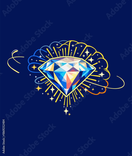 Luxury diamond illustration with brilliant crystal facets and sparkling light effects on a deep blue background