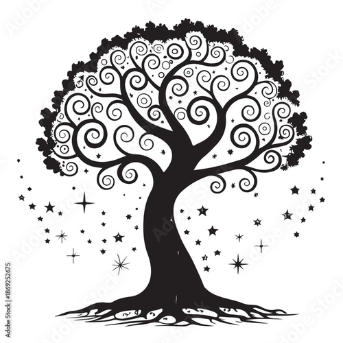 Whimsical tree with swirling branches and stars on white background