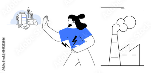 Woman holding stomach with discomfort while rejecting dairy and factory emissions. Ideal for themes of health, environmental impact, sustainability, lactose intolerance, pollution, allergies, dietary