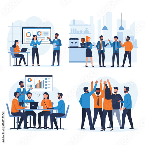 Diverse group of professionals collaborating and celebrating success in business settings.