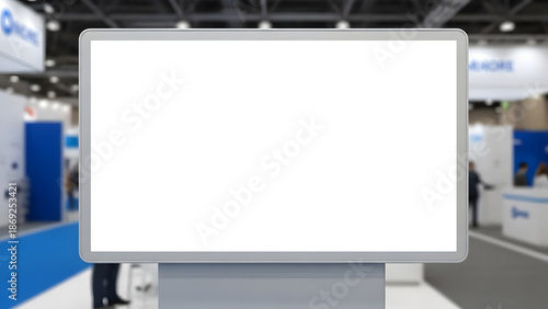 Wallpaper Mural Blank digital advertising screen at trade show, empty white billboard for marketing content in blurred exhibition hall environment Torontodigital.ca