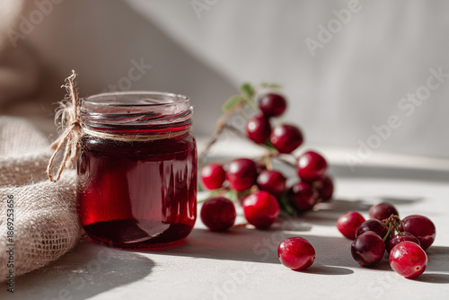 Glass jar filled with homemade cranberry jam placed on a rustic wooden table with fresh berries nearby. Traditional food preserve scene highlighting rich color, texture, and artisanal preparation.
