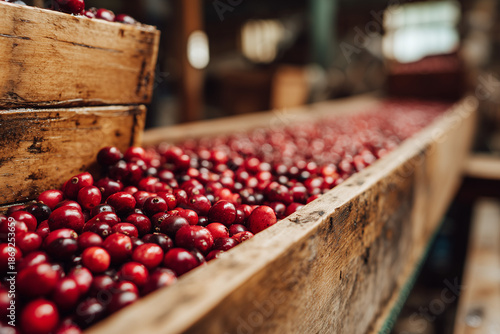 Ripe red cranberries growing on low shrubs in a sunlit field with shallow depth of field. Fresh berry harvest scene highlighting natural agriculture, seasonal produce, and vibrant color.
