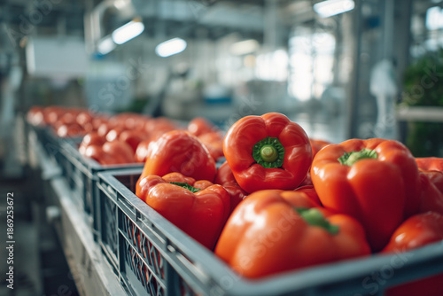 Colorful bell peppers arranged in neat rows on a market display with shallow depth of field and vibrant lighting. Fresh vegetable produce scene highlighting variety, freshness, and healthy food.