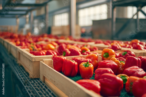 Colorful bell peppers arranged in neat rows on a market display with shallow depth of field and vibrant lighting. Fresh vegetable produce scene highlighting variety, freshness, and healthy food.